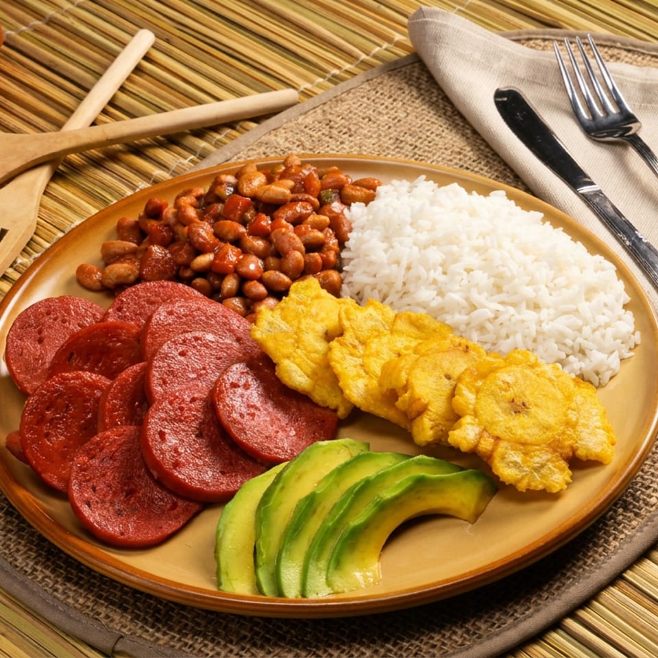 Plate of white rice, stewed beans, fried plantains, sliced sausage, and avocado on a woven placemat.