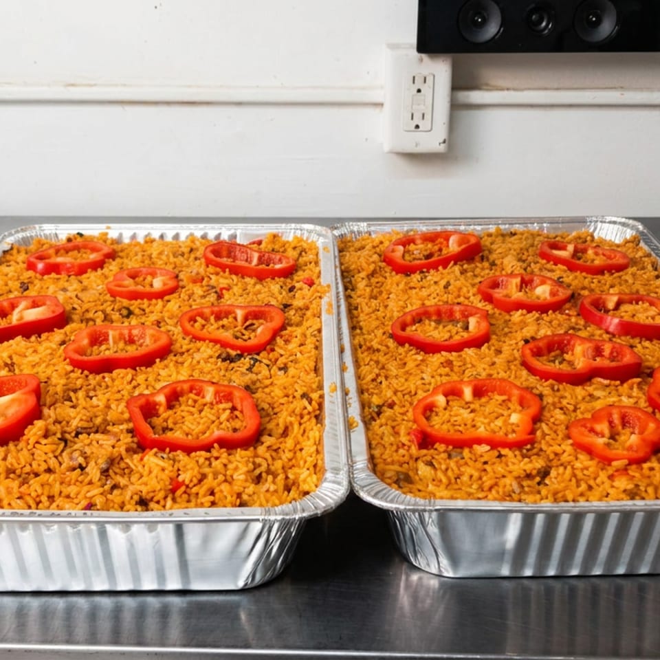 Two large aluminum trays of orange seasoned rice topped with sliced red peppers on a stainless steel counter.