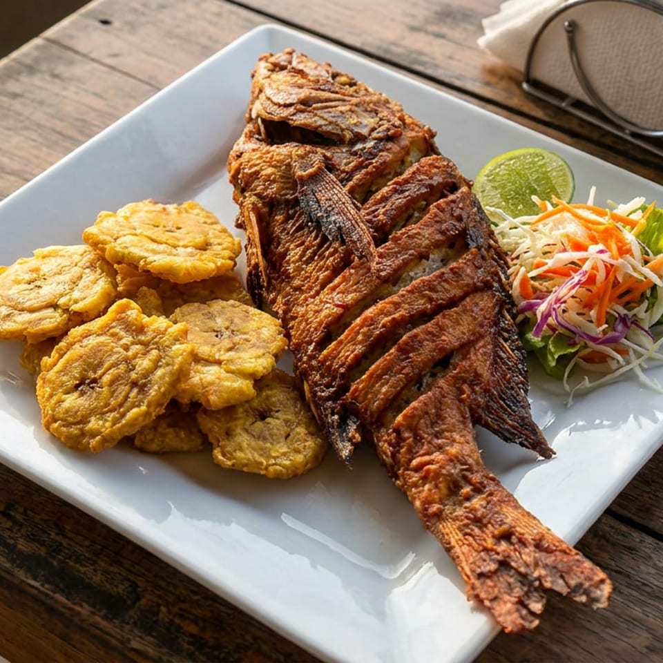 Fried whole fish served with golden plantain fritters, shredded salad, and lime on a white plate atop a rustic wooden table.